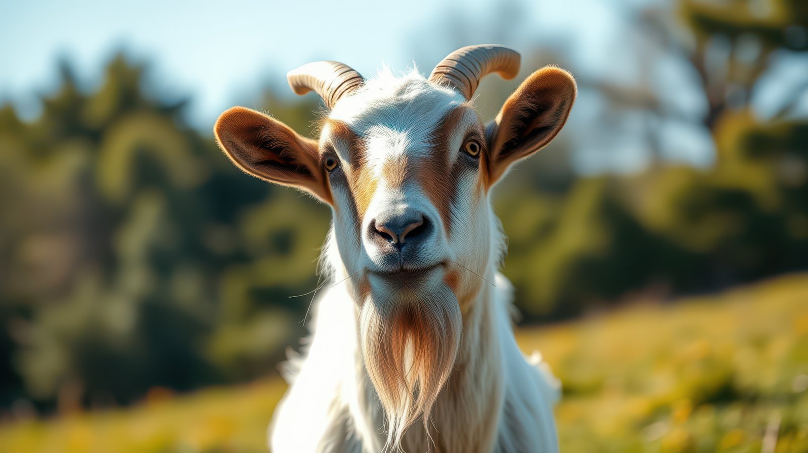 Goat standing confidently in a sunny pasture surrounded by greenery during a clear day